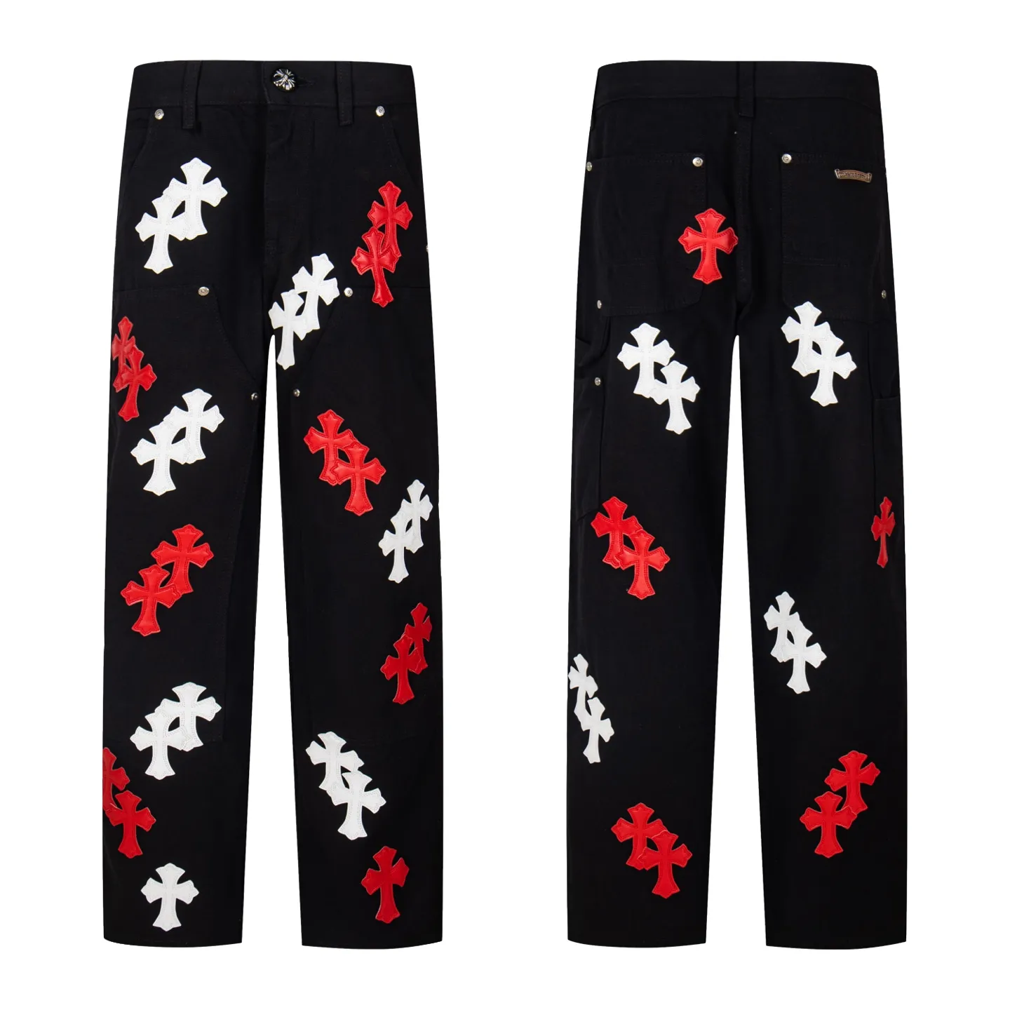 P280 💰 (Top version) Chrome Hearts Black Logging Pants Red Leather and White Leather Elements Washed Jeans Authentically Restore the Ultimate Vintage Texture Three-dimensional Style Loose and Comfortable Not Picky on the Body Makes You Tall and Slim Large Factory Seiko Original Quality Control Same Style for Men and Women Can Be Matched for Couples Versatile Recommendation Necessary Jeans for All Seasons Fashionistas Have Been Disappointed From the quality selection of fabrics, the tailoring of details, and the matching of patterns are impeccable! The upper body is so handsome when worn...it can be easily worn by men, women and children! The craftsmanship is made of heavy-duty washed pure cotton denim fabric. After washing, it is soft and thick. It is very stylish when worn on the body. Color: black Size: 28-30-32-34-36 (corresponding to S-M-L-XL-XXL)